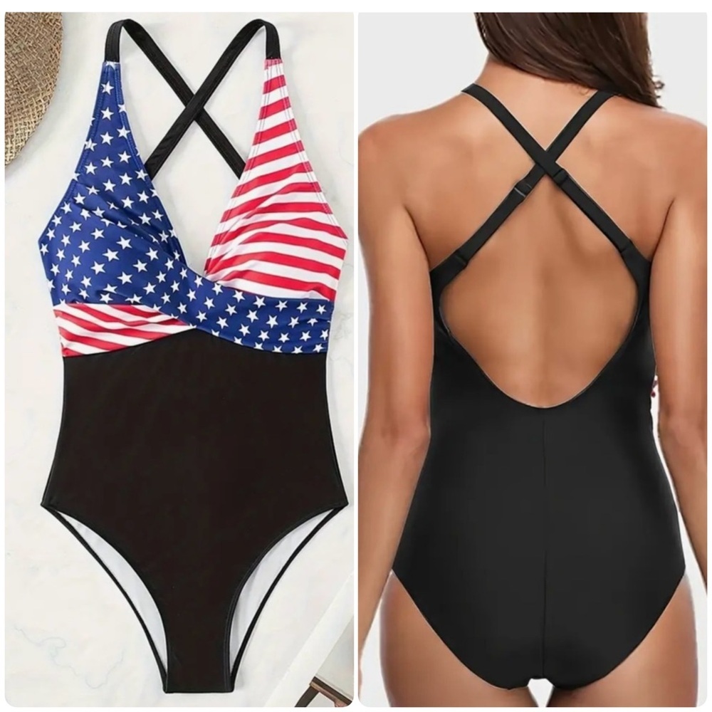 American Flag Stars Stripes V Neck Swimsuit - Picture 1 of 8